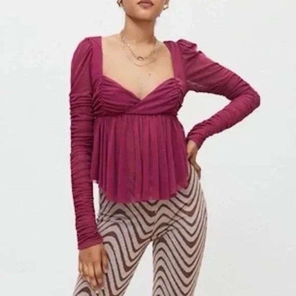 Urban Outfitters Burgundy Mesh Ruched Long Sleeve Babydoll Top Wine Small NWT